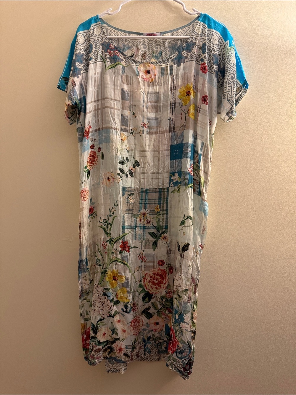 JOHNNY WAS Plaid Long Floral Silk Tunic